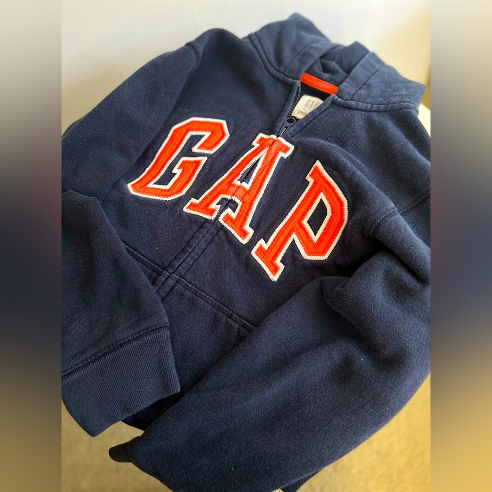GAP brand boys zip up hoodie in navy and orange